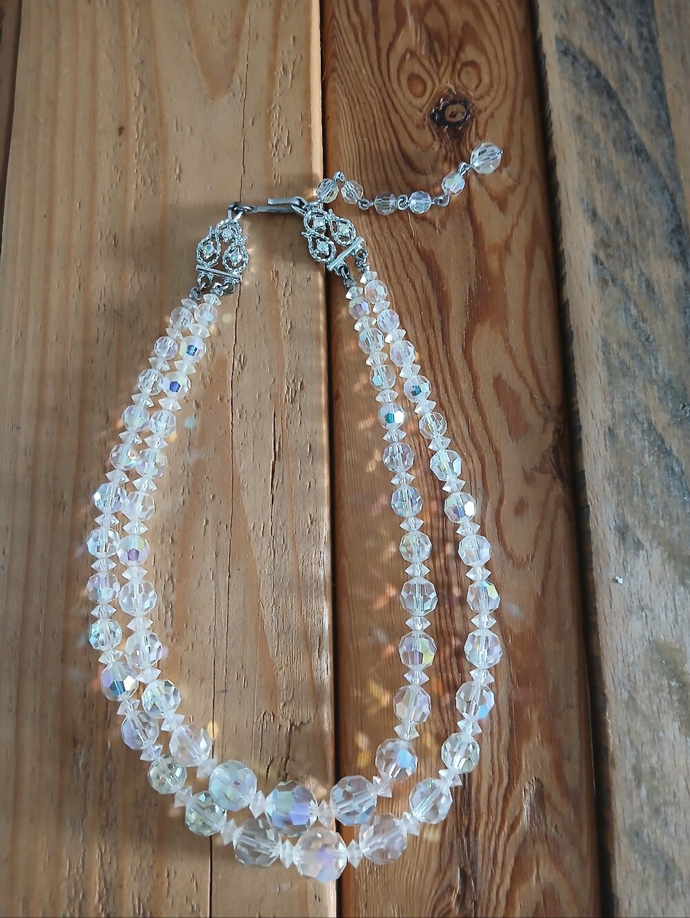 Vintage Signed Coro Double Strand Aurora Borealis Crystal Bead Necklace 1950s